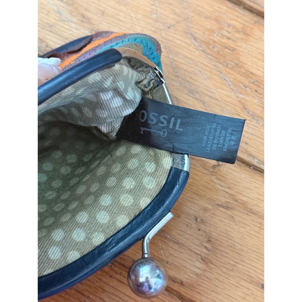 Fossil Multi Color Scalloped Leather Kiss Lock Coin Purse Teal Patchwork - Picture 5 of 6